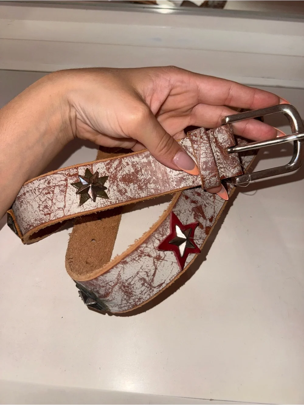 Brown and White Distressed Leather Star Stud Belt